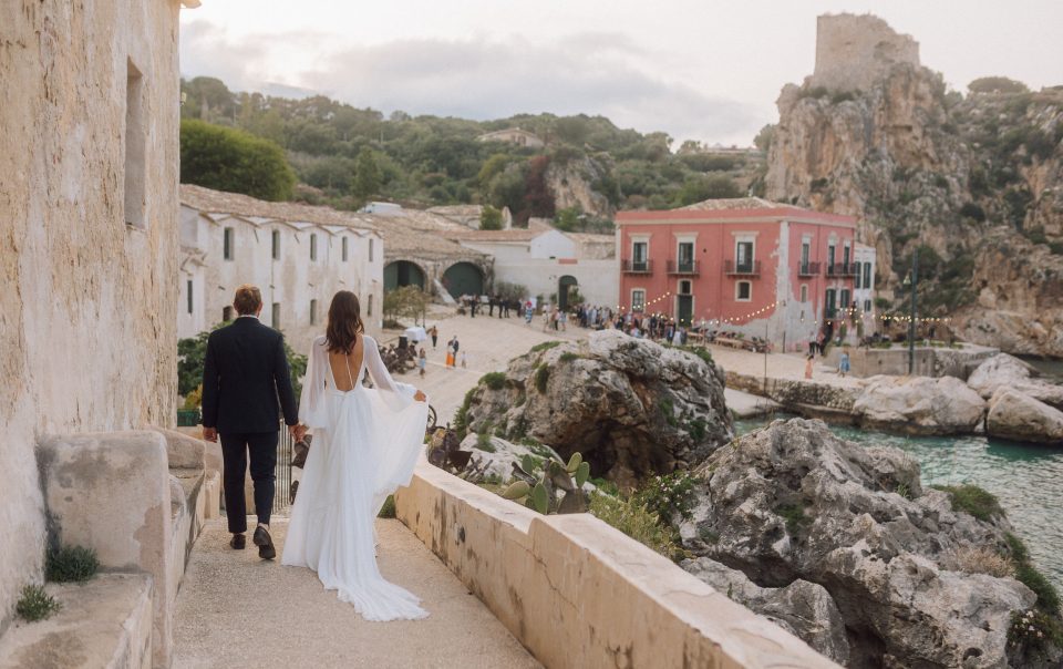 Bride and groom at wedding ceremony outdoors